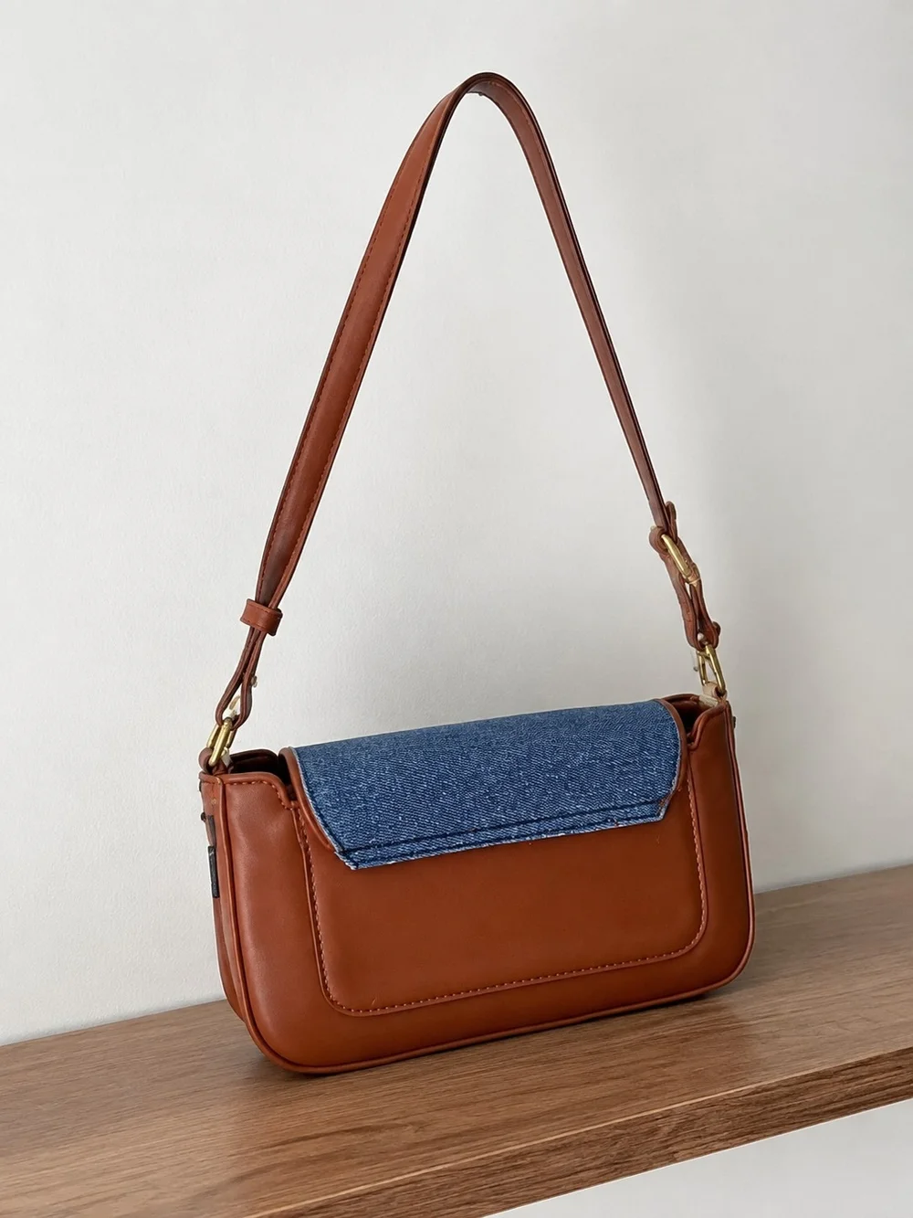 Blue Denim Shoulder Bag with Brown Trim With Detachable Crossbody Strap